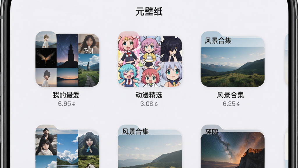 元壁纸收藏夹管理界面,画面展示手机屏幕内多个收藏专辑封面,包括“我的最爱”“动漫精选”“风景合集”等文件夹图标,每个文件夹显示包含的壁纸数量,界面采用卡片式布局,背景为浅色,风格整洁有序,细节上文件夹封面使用壁纸缩略图拼贴,文字“元壁纸”在顶部,画质高清,干净,无多余元素