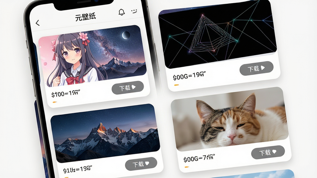 元壁纸高清壁纸库界面,画面展示手机屏幕内呈现多张不同风格壁纸预览卡片,包括动漫少女、星空山脉、几何线条、治愈猫咪四类图像,每张卡片下方标注分辨率与下载按钮,界面采用浅色背景搭配柔和阴影,布局为两列瀑布流,风格清新简约,细节上卡片圆角明显,文字“元壁纸”出现在顶部导航栏,画质高清,干净,无多余元素