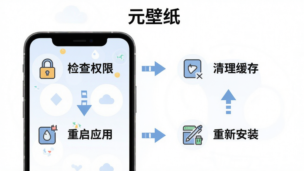 元壁纸故障排查流程图,画面以信息图形式展示手机屏幕,分为四个步骤:检查权限、清理缓存、重启应用、重新安装,每个步骤配有小图标与简短文字说明,背景为白色,风格扁平化,细节上箭头引导流程,文字“元壁纸”在顶部,画质高清,干净,无多余元素