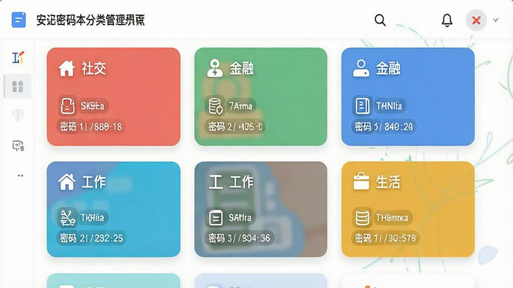 安全密码本分类管理界面示意,画面中显示多个彩色标签卡片分别标注社交、金融、工作、生活,布局为网格排列,风格为清新简约风,细节包含分类图标与密码条目,画质高清,干净,无多余元素