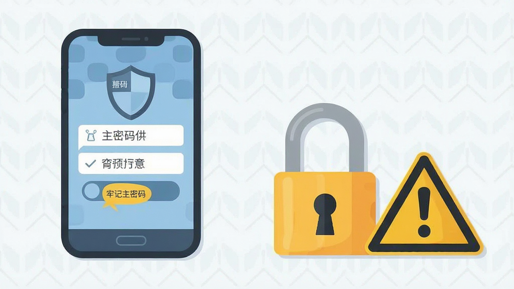 安全密码本新手使用注意事项示意,画面为一部手机旁边放置锁和警示标志,布局为左右结构,风格为扁平插画风,细节包含主密码输入框、盾牌、提示文字“牢记主密码”,画质高清,干净,无多余元素