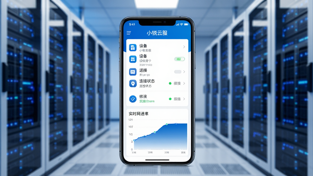 画面中央一部智能手机竖屏显示小锐云服APP主界面,界面中包含设备列表、连接状态、实时网速曲线等模块,背景为现代化机房环境,服务器机柜排列整齐,蓝色指示灯闪烁,整体色调以科技蓝和白色为主,构图简洁大气,风格为写实科技风,细节包括手机屏幕上的图标、文字“小锐云服”清晰可见,画质4K超清,干净无多余元素