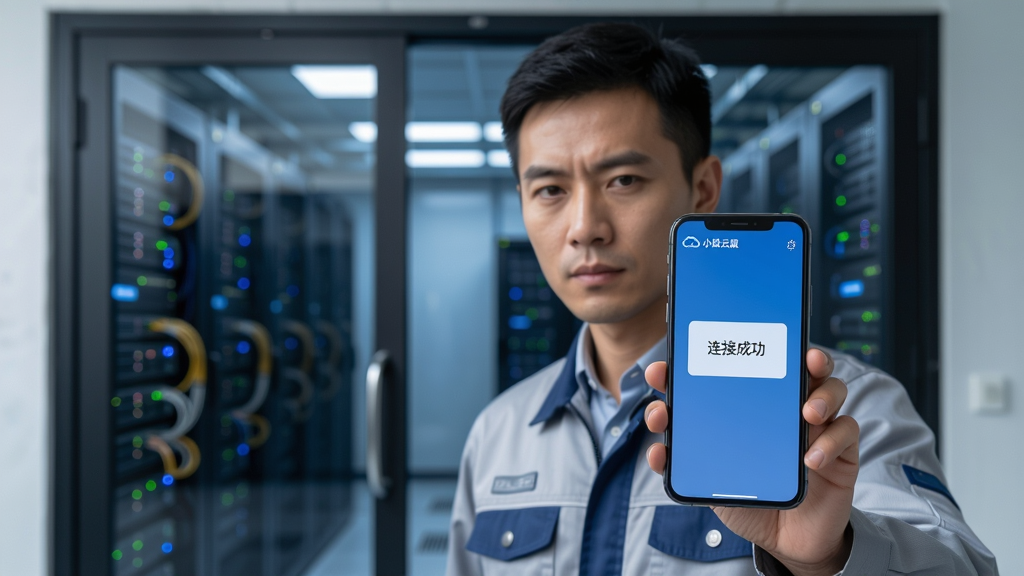 一名工程师站在机房外,手持手机,手机屏幕显示“连接成功”弹窗,背景是机房玻璃门和内部闪烁的服务器,画面采用浅景深突出手机屏幕,风格为商务写实,细节包括工程师专注的表情、手机界面上的“小锐云服”标识,画质高清,干净无多余元素