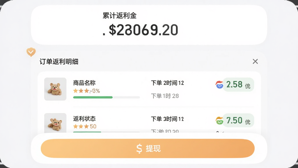 ƴ����ʡ��෵������ҳ�棬��Ļ�Ϸ���ʾ�ۼƷ������м��Ƕ���������ϸ�б���������Ʒ���ơ��µ�ʱ�䡢����״̬��ǩ���ײ������ְ�ť�����岼��Ϊ��Ƭʽ�б����Ű����������Ϊ���Բ����ƣ�ϸ�ڰ�����������������֡�״̬ͼ�꣬���ʸ��壬�ɾ����޶���Ԫ��