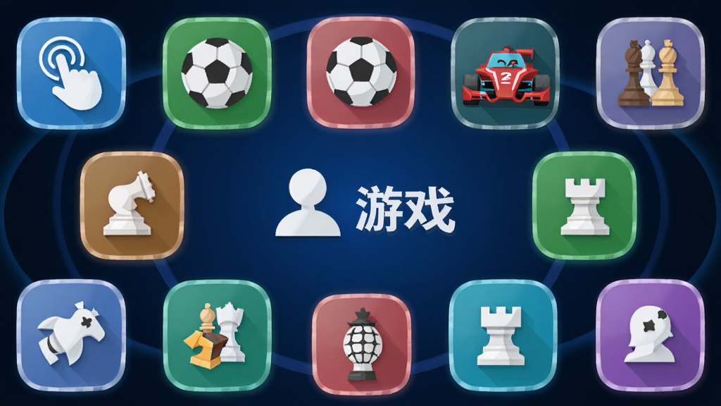 一个圆形大厅界面,周围环绕着多个游戏图标,每个图标代表不同玩法,如手指点击、足球、赛车、棋子等,中央有双人游戏文字标识,背景为深蓝色渐变,图标带有发光效果,风格为现代扁平化,画质清晰,干净,无多余元素