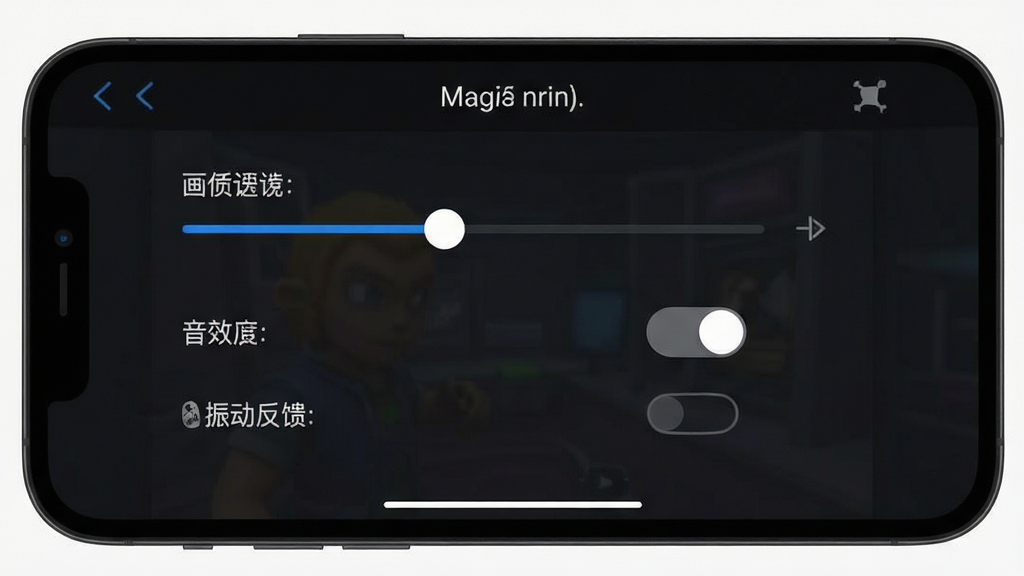 手机屏幕显示双人游戏设置界面,包含画质调节滑块、音效开关、振动反馈选项,界面风格为深色主题,文字清晰,布局简洁,画质干净,无多余元素