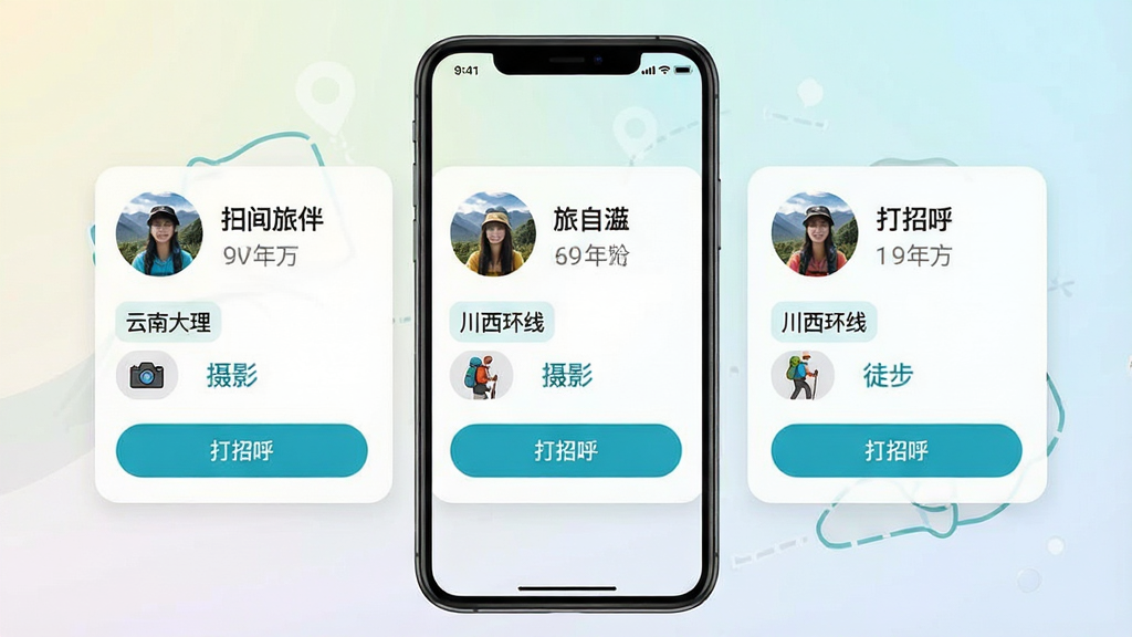 旅对APP智能匹配功能界面截图,画面展示手机屏幕中显示三位推荐旅伴卡片,每张卡片左侧为圆形头像,右侧上方为昵称与年龄,下方为目的地标签如“云南大理”“川西环线”与兴趣标签如“摄影”“徒步”,卡片底部有“打招呼”按钮,背景为浅色渐变,风格清爽,文字清晰可读,画质高清,布局整齐无杂乱