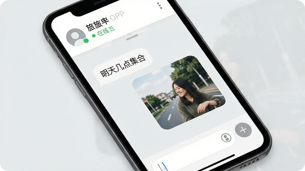 旅对APP聊天界面展示图,画面为手机屏幕内聊天对话窗口,顶部显示对方昵称与在线状态,中部为气泡式对话内容包含文字“明天几点集合”与图片分享,底部为输入框与加号功能按钮,背景为浅灰色,风格简洁,文字清晰,画质干净,无多余装饰元素