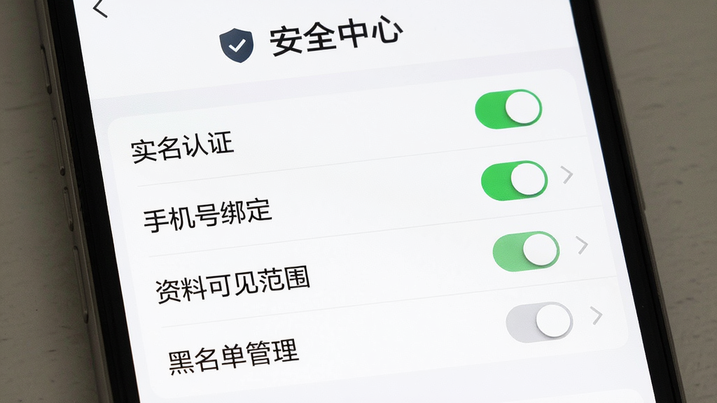 旅对APP安全中心与隐私设置界面,画面展示手机屏幕中隐私设置列表,包含“实名认证”“手机号绑定”“资料可见范围”“黑名单管理”等选项,每项右侧有开关按钮或箭头,顶部有盾牌图标与“安全中心”文字,背景为白色,风格商务简洁,文字清晰,画质高清,布局规整