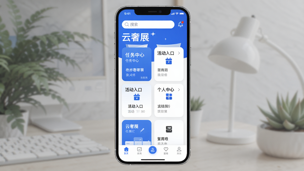 手机屏幕中央展示“云奢展”应用主界面,界面采用卡片式布局,顶部有搜索栏和通知图标,中部排列任务中心、活动入口、个人中心等模块,底部为导航栏,整体配色以蓝白为主,风格简洁现代,画面清晰干净,无多余元素,高清画质