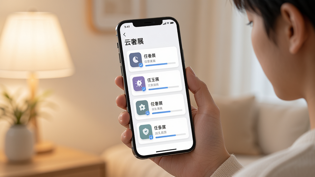 一位年轻用户手持手机,手机屏幕上显示“云奢展”任务列表页面,页面中有多个任务卡片,每个卡片带有图标和进度条,背景为室内柔和光线,风格写实,构图以手机屏幕为视觉中心,画面干净,高清画质