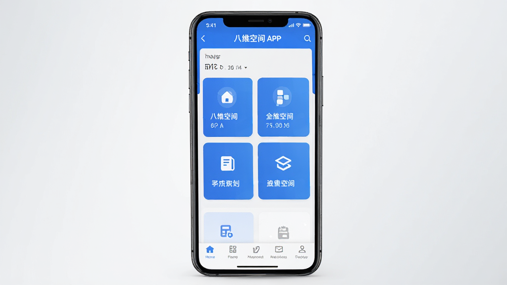 一张展示八维空间软件主界面的手机截图,画面中央是手机屏幕,屏幕内显示八维空间APP的首页布局,包含顶部导航栏、中部功能卡片区域和底部菜单栏,界面风格简洁现代,以蓝色和白色为主色调,背景为干净的浅灰色渐变,整体呈现科技感与专业感,画质清晰,无多余元素