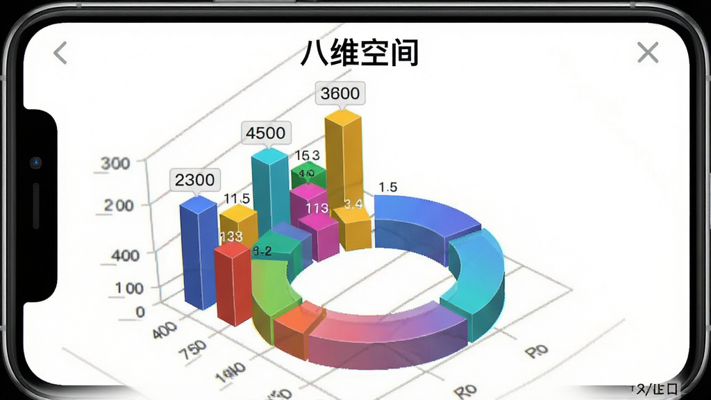 一张八维空间APP内空间可视化功能的界面截图,手机屏幕中显示三维立体柱状图与环形图组合,图表色彩鲜明,数据标签清晰可见,屏幕顶部有