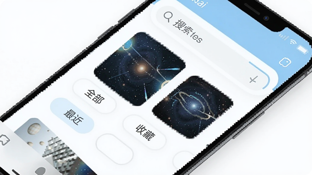 一幅展示八维空间搜索与筛选功能的手机界面图,屏幕中显示搜索框和下方排列整齐的筛选标签,标签包括