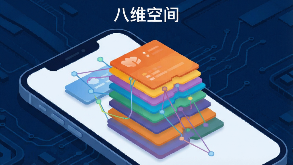 一幅展示八维空间多维数据管理界面的插画,画面中是一个手机屏幕,屏幕内显示多层数据卡片堆叠排列,每层卡片用不同颜色区分,卡片之间有连线表示关联关系,屏幕上方有