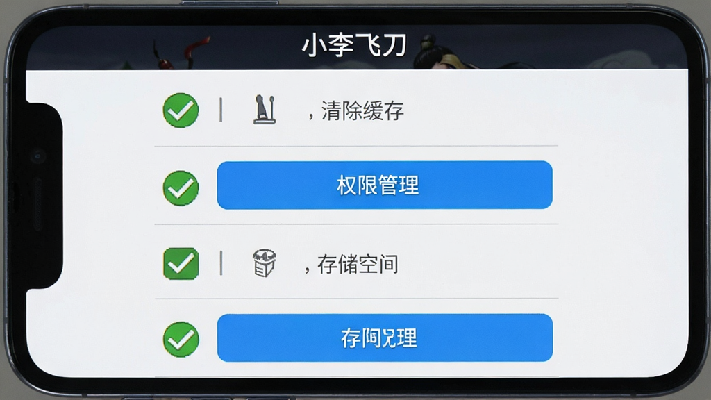 手机屏幕显示小李飞刀游戏设置界面,画面中有清除缓存、权限管理、存储空间等选项按钮,主体为设置菜单,布局为竖屏列表,排版清晰,风格为简洁工具类UI,细节包括绿色对勾图标、灰色分割线、蓝色高亮按钮,画质高清干净,无多余元素,画面中文字为“小李飞刀”