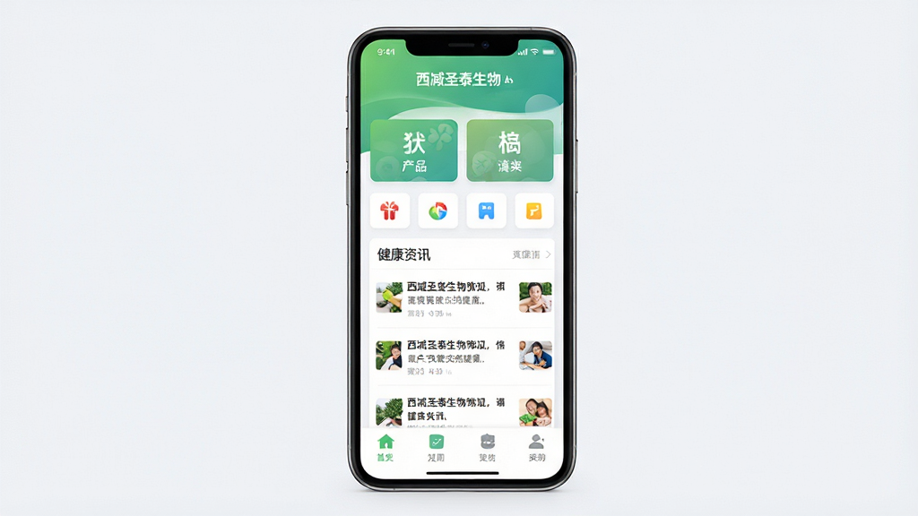 一张展示西咸圣泰生物App主界面的手机样机图,画面中央是一部竖屏智能手机,屏幕内显示健康管理类应用的首页布局,顶部为绿色渐变导航栏,中部有产品分类卡片和健康资讯列表,底部为四个功能图标。背景为干净的浅灰白色,光线柔和均匀,整体风格为现代扁平化UI设计,细节清晰,画质干净,无多余元素。