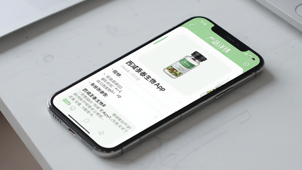 一张展示西咸圣泰生物App产品详情页的手机界面图,屏幕内显示产品图片、名称、规格参数和文字说明,页面采用上下滚动布局,配色以白色和浅绿色为主。背景为淡灰色桌面,手机平放,光线自然,风格写实,画质干净,无多余元素。