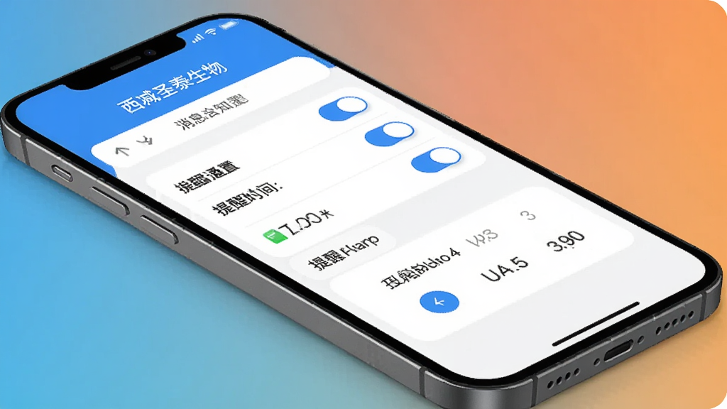 一张西咸圣泰生物App消息通知设置的界面图,手机屏幕内显示开关按钮列表和提醒时间选择器,界面风格简洁,配色以蓝白为主。背景为纯色渐变,手机呈一定角度摆放,光影柔和,画质干净,无多余元素。