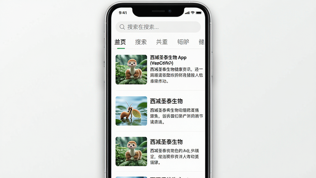 一张西咸圣泰生物App健康资讯页面的界面截图风格图片,画面主体为手机屏幕,屏幕内展示图文混排的资讯列表,每一条资讯左侧为缩略图、右侧为标题和摘要,顶部有搜索框和分类标签。背景为纯白色,手机边缘带有轻微阴影,整体风格简洁明快,画质清晰干净,无多余元素。