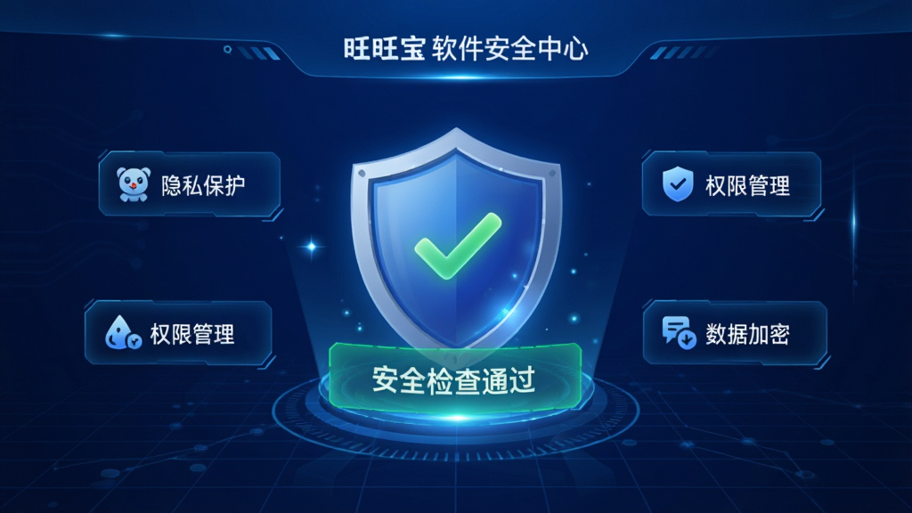 旺旺宝软件的安全中心页面,页面中央显示盾牌图标与安全检查通过字样,周围环绕隐私保护、权限管理、数据加密等功能标签,背景为深蓝色科技感渐变,风格为安全防护主题,细节包含光效与网格纹理,画质高清,干净,无多余元素