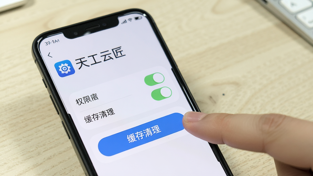 手机屏幕展示天工云匠设置页面,包含权限开关与缓存清理按钮,旁边有手指点击操作,背景为浅色桌面,风格清晰直观,细节表现“天工云匠”标题与设置图标,画质清晰,干净,无多余元素