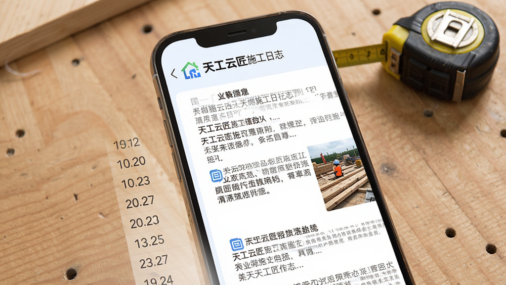 手机界面展示天工云匠施工日志页面,左侧为日期列表,右侧为文字与照片混排的记录内容,背景为木质桌面与卷尺,风格清新实用,细节表现“天工云匠”标题与日志图标,画质清晰,干净,无多余元素