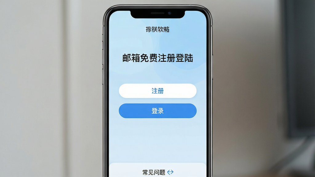 一张展示手机屏幕的图片,屏幕中央显示“邮箱免费注册登陆”软件主界面,界面设计简洁清爽,顶部有软件名称,中部有注册和登录两个大按钮,底部有常见问题入口,背景为浅蓝色渐变,风格现代简约,细节清晰,画质高清,干净无多余元素
