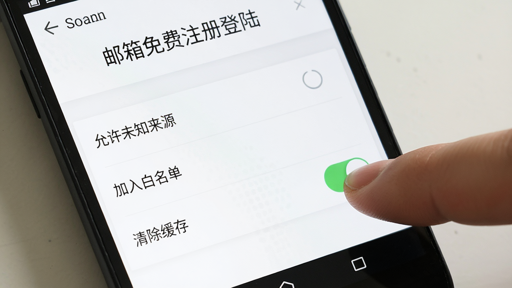 一部安卓手机屏幕显示“邮箱免费注册登陆”的设置页面,页面上有“允许未知来源”“加入白名单”“清除缓存”等选项,旁边有手指正在点击开关,界面风格简洁,白色背景,文字清晰,画质高清,干净无多余元素