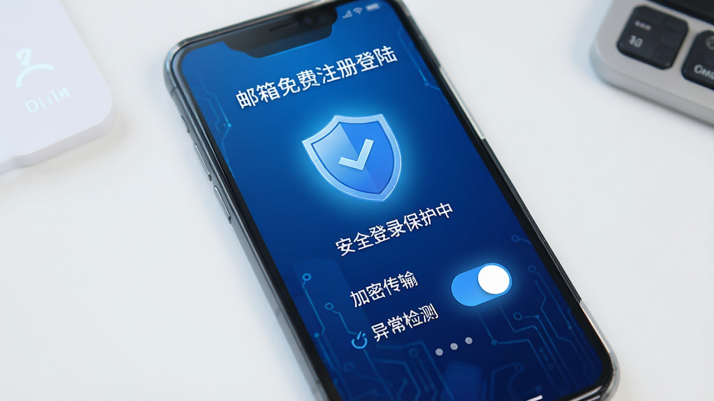 一部手机屏幕显示“邮箱免费注册登陆”的安全登录界面,屏幕中央有一个盾牌图标和“安全登录保护中”字样,下方有加密传输和异常检测两个功能开关,界面风格科技感强,蓝色调为主,画质清晰,干净无多余元素