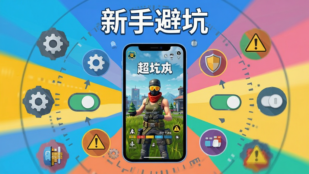 画面主体为一部智能手机,屏幕上显示超凡先锋游戏界面,手机周围环绕着设置图标、权限开关、存储条等元素。布局采用中心发散式,手机位于正中,四周图标以圆形排列。排版上方为“新手避坑”字样。风格为扁平化科技插画,细节包括齿轮、盾牌、警告标志。画质清晰,色彩明快,干净无杂乱。