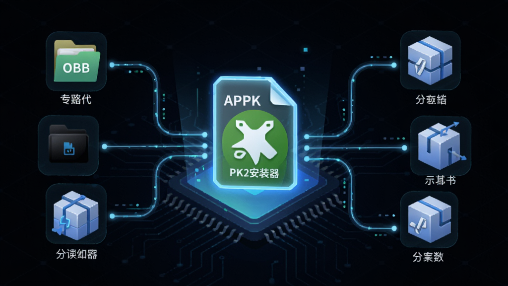 һ��չʾ��PK2��װ�������ܽ������ܵ�ʾ��ͼ������������һ�������APK�ļ�ͼ�꣬��Χ�ж����֧�������ӵ���ͬ�İ�װ���ͼ�꣬��OBB�ļ��С��־����ȣ�����Ϊ��ɫ�Ƽ����񣬷��Ϊδ������������ϸ�ھ��£����ʸɾ����޶���Ԫ��