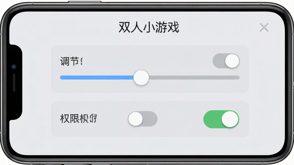 手机屏幕显示双人小游戏设置界面,画质调节滑块和权限开关清晰可见,背景为浅灰色,布局以设置面板为主体,排版整齐有序,风格为扁平化UI设计,细节包含开关按钮和进度条,画质干净清晰无多余元素,图片中文字标注“双人小游戏”