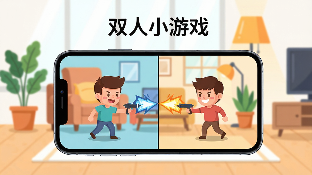 画面中央放置一部智能手机,屏幕显示双人同屏对战游戏界面,左右两侧各有一个卡通角色正在对决,背景是明亮的客厅环境,布局简洁清晰,排版以手机为主体居中展示,风格为扁平化插画,细节包含沙发、绿植和暖色灯光,画质高清干净无多余元素,图片中文字标注“双人小游戏”