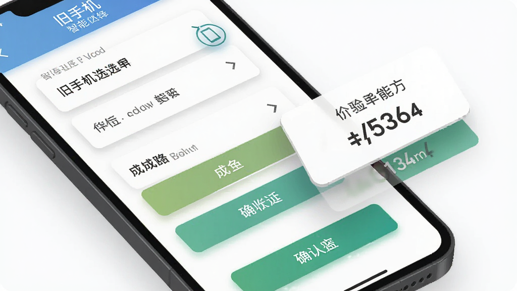 回收社区智能估价功能界面展示,画面主体为手机屏幕特写,屏幕中显示旧手机型号选择列表和成色选项按钮,旁边浮现出价格数字和确认回收按钮,布局为斜向视角,风格为现代扁平化UI风格,细节包含按钮阴影和选中状态高亮,画质清晰,干净,无多余元素