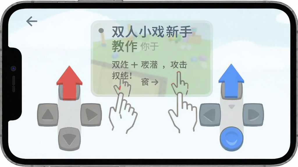一幅展示双人小游戏新手操作界面的示意图,画面中手机屏幕显示左右两侧虚拟按键,红色和蓝色箭头分别指示移动和攻击操作,背景是简洁的教程提示框,风格为扁平化信息图,细节包括文字标注和手势图标,画质清晰,干净,无多余元素