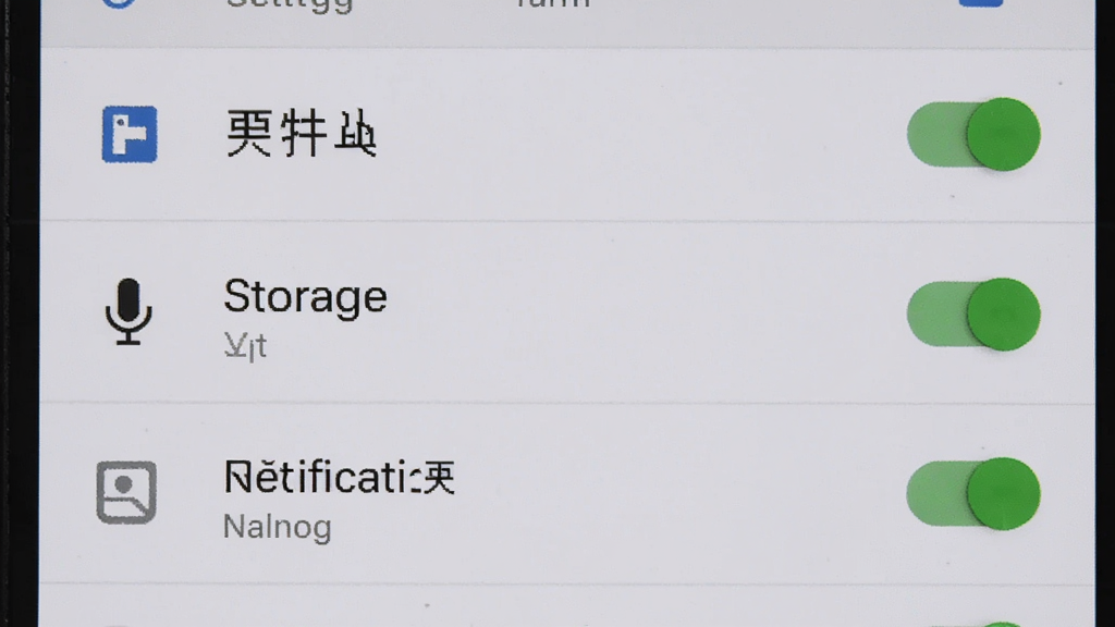 一张手机设置界面的截图,画面展示的是应用权限管理页面,列表中包含存储、麦克风、通知等权限开关,背景为浅色系统界面,风格为安卓系统设置界面实拍,细节包括开关按钮的绿色高亮状态和权限图标,画质清晰,画面干净,无文字说明。