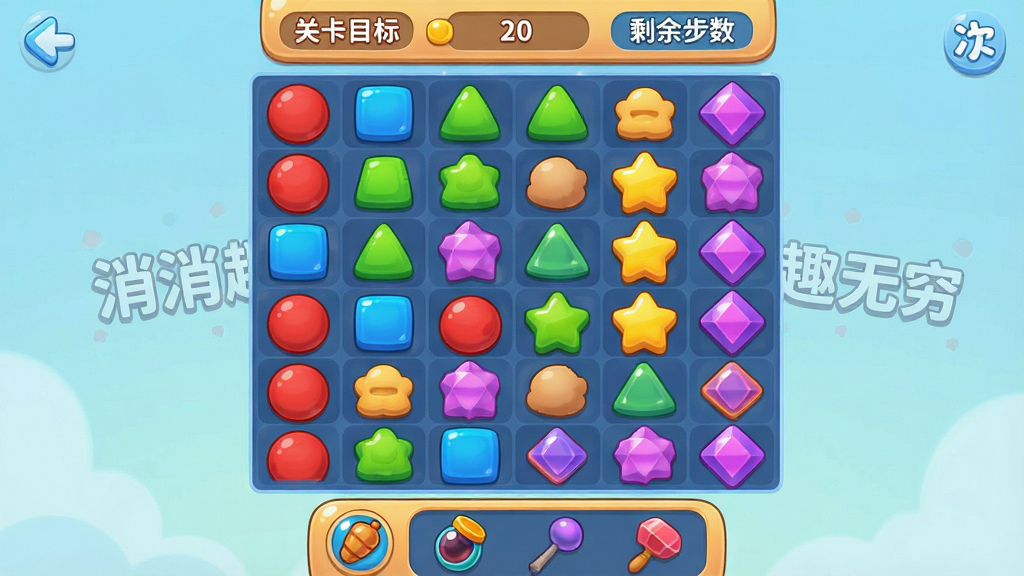 手机游戏三消玩法界面截图风格插画,画面中央是8x8的方格棋盘,棋盘上分布着不同颜色和形状的消除方块,有红色圆形、蓝色方形、绿色三角形、黄色星形、紫色菱形。棋盘上方显示关卡目标和剩余步数,棋盘下方有道具栏。整体采用卡通渲染风格,色彩鲜艳饱和,界面干净整洁,画质高清,无多余装饰元素,画面中隐约可见“消消趣无穷”的文字标识。