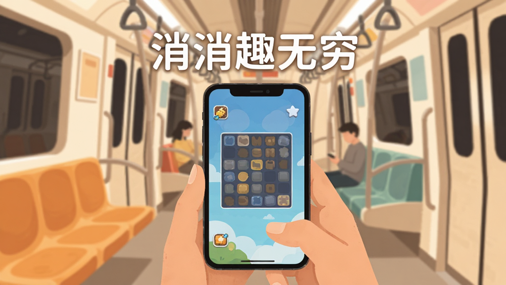 休闲手机游戏离线畅玩场景插画,画面中一只手拿着手机,手机屏幕上显示消除游戏界面,周围环境是地铁车厢内部,有座位和扶手。手机屏幕上方用白色字体写着“消消趣无穷”,画面整体色调温暖柔和,风格简约现代,画质清晰,无多余元素,突出随时随地游玩的轻松氛围。