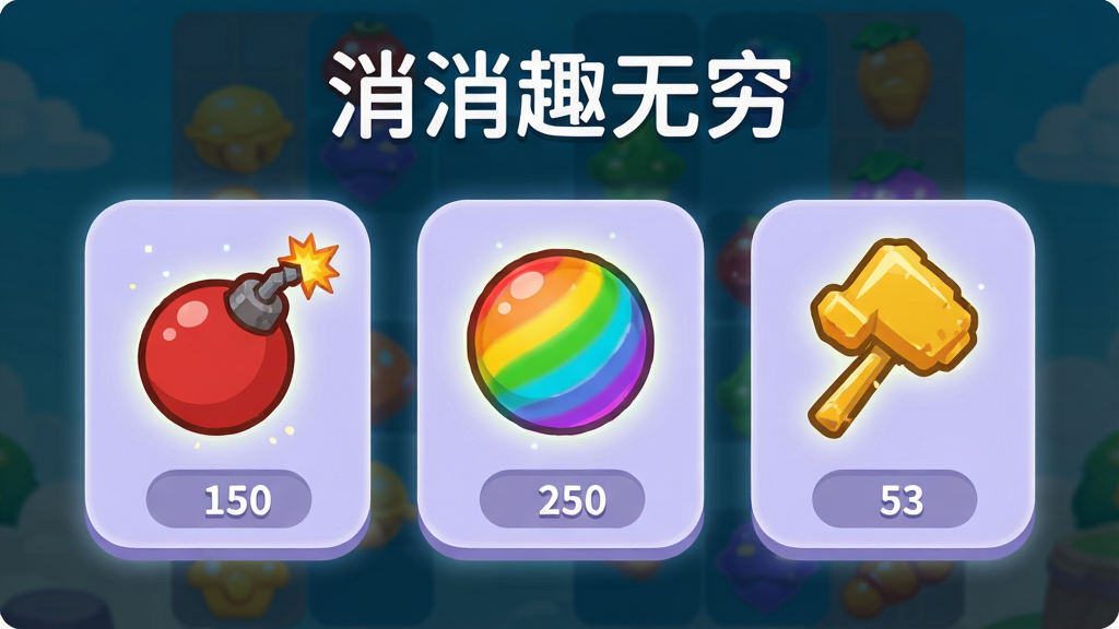 手机消除游戏道具展示界面,画面中央并排展示三个道具图标,左边是红色炸弹图标,中间是彩虹球图标,右边是金色锤子图标,每个图标下方有数量标签。图标背景是浅紫色圆角卡片,卡片上有微弱的发光效果。画面顶部用白色字体写着“消消趣无穷”,整体风格扁平化,色彩鲜明,布局简洁,画质清晰,无多余元素。