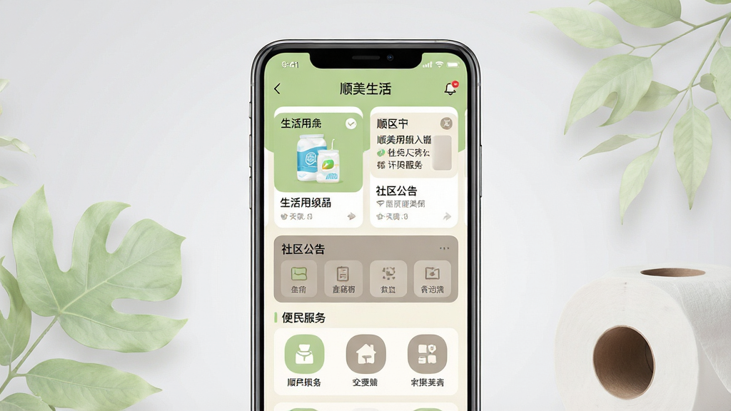 一张展现顺美生活App整体界面的手机样机图,画面中央放置一部竖屏智能手机,屏幕内展示顺美生活应用首页,包含生活用纸商品卡片、社区公告栏、便民服务入口图标等元素;布局采用居中构图,手机两侧可点缀淡绿色植物叶片与家居纸巾卷筒作为氛围装饰;整体风格清新自然、扁平化UI设计,色调以浅绿、米白、暖灰为主;细节上要求图标圆润、文字清晰可辨,手机边框简洁无多余按键;画质为高清2K,画面干净,无多余元素,背景为纯色浅灰渐变。