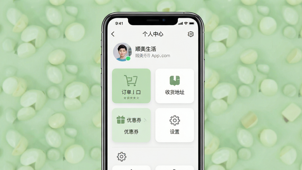 顺美生活App个人中心页面展示图,画面中手机屏幕内展示个人中心界面,包含头像、订单入口、收货地址、优惠券、设置等模块;布局为手机居中、屏幕内容清晰展示;风格为简洁卡片式设计,色调以白色、浅灰、淡绿为主;细节要求图标统一、文字层级分明、界面清爽;画质高清,画面干净,无多余元素。