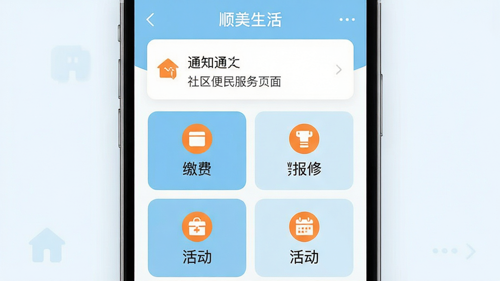 顺美生活App社区便民服务页面展示图,画面以手机屏幕为主体,屏幕内呈现社区公告列表与便民服务图标网格,包含通知、缴费、报修、活动等入口;布局采用手机居中、屏幕内容放大特写的构图方式;风格为现代扁平化设计,色调以浅蓝与白色为主,辅以橙色点缀;细节要求图标风格统一、文字排版整齐、背景干净;画质高清,画面干净,无多余元素。