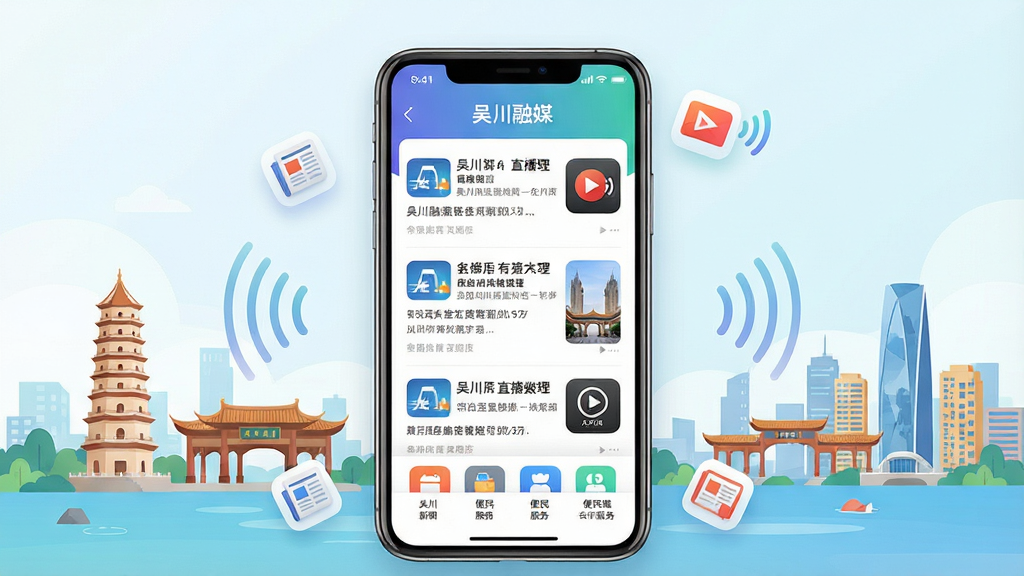一张展示智能手机屏幕的图片,屏幕中央显示“吴川融媒”应用的主页界面,页面包含新闻列表、直播入口和便民服务图标。背景为吴川市地标建筑与城市风光融合的插画。布局采用居中构图,手机位于画面中心,周围环绕着微小的新闻图标和直播信号波纹。风格为现代扁平化科技风,细节包括清晰的UI元素和柔和的渐变光影,画质高清,画面干净,无多余元素。