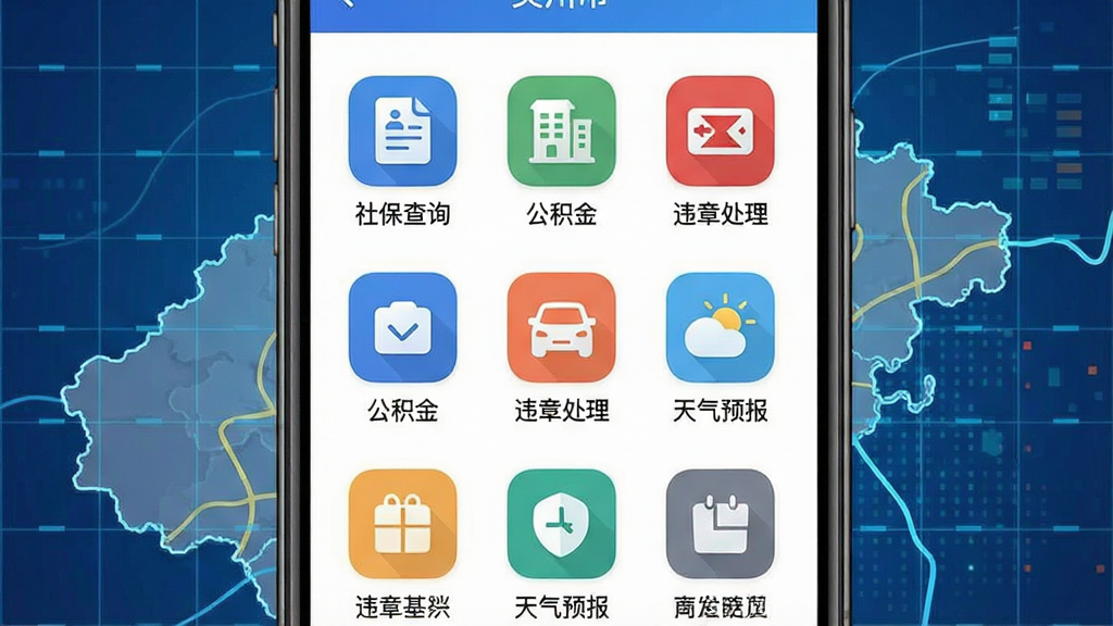 一张展示手机应用内便民服务界面的图片,屏幕上排列着“社保查询”、“公积金”、“违章处理”、“天气预报”等图标。背景为吴川市地图轮廓和数字网格。布局为网格状排列,手机位于画面中心。风格为清爽的扁平化设计,细节包括圆角图标和清晰的文字标签,画质干净,无多余元素。
