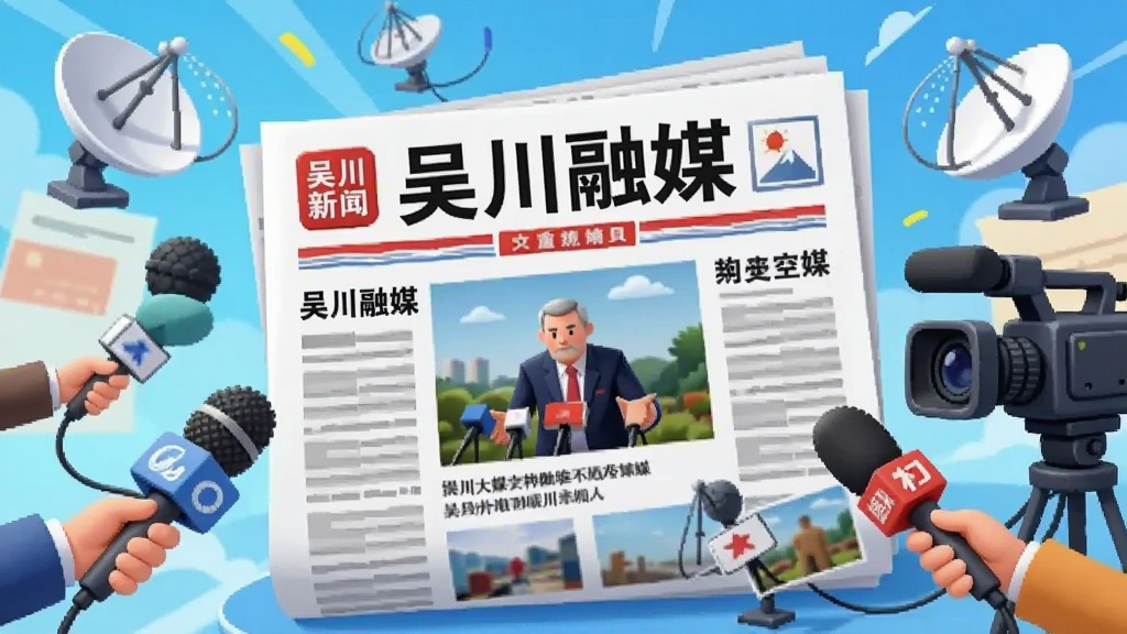 一幅详细的数字插画,画面中央是一张巨大的报纸或新闻网页,上面显示着“吴川融媒”的新闻标题和图片。报纸周围环绕着记者话筒、摄像机、卫星信号接收器等媒体元素。布局呈放射状,报纸位于中心。风格为现代信息图表风,细节清晰,色彩明亮,画质干净,无多余元素。