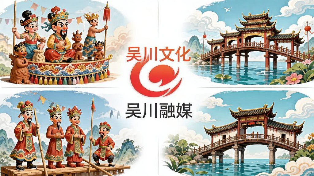 一幅展示吴川文化特色的插画,画面中包含飘色、泥塑、花桥等元素,并以“吴川融媒”的标识作为点缀。布局为文化元素围绕中心标识排列。风格为传统与现代结合的艺术插画风,细节丰富,色彩鲜艳,画质清晰,无多余元素。