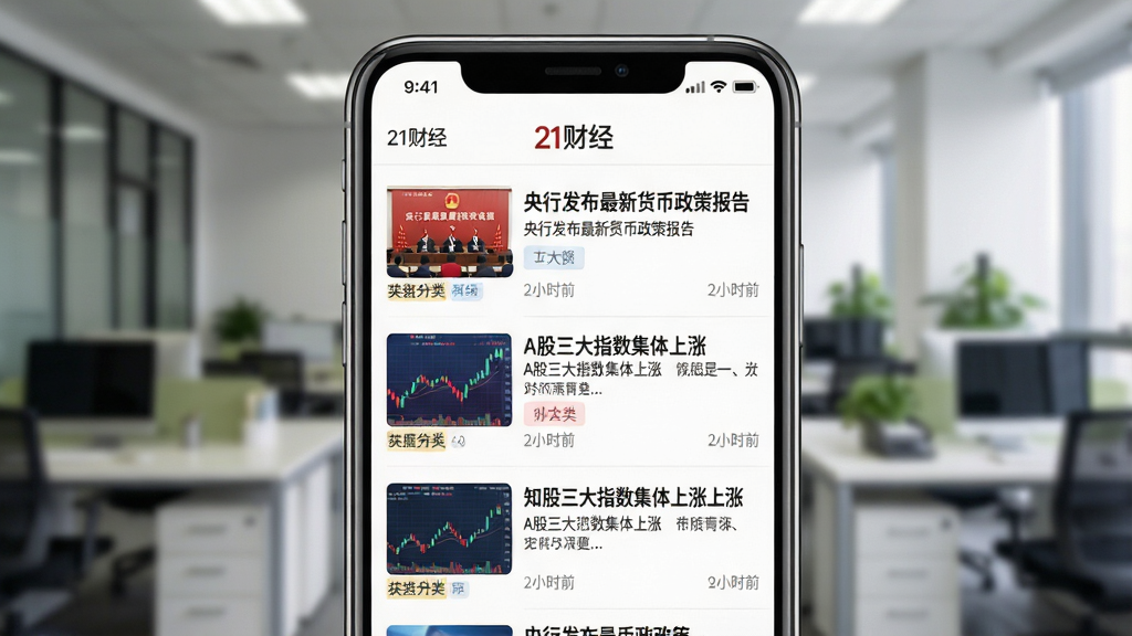 一幅展示“21财经”应用内新闻列表页面的图片,画面主体是手机屏幕特写,屏幕上排列着多条财经新闻标题,如“央行发布最新货币政策报告”“A股三大指数集体上涨”等,布局为手机正面展示、背景是虚化的办公室场景,风格为写实风格,细节包括新闻缩略图、时间戳和分类标签,画质清晰,干净,无多余元素