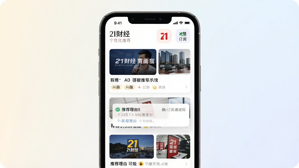 一幅展示“21财经”个性化推荐界面的图片,画面主体是手机屏幕显示推荐流,屏幕上有多张新闻卡片和订阅频道图标,布局为手机居中、背景是浅色渐变,风格为清新简约风格,细节包括兴趣标签、推荐理由和推送通知弹窗,画质清晰,干净,无多余元素