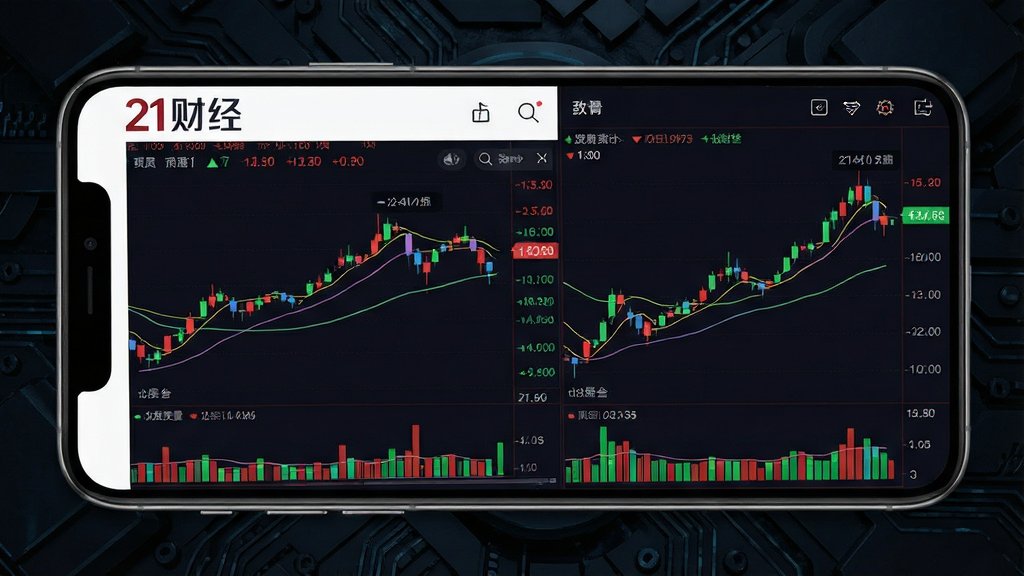 一幅展示“21财经”应用行情数据页面的图片,画面主体是手机屏幕显示股票分时走势图和K线图,屏幕上标注着“21财经”logo,布局为手机横向展示、背景是深色科技纹理,风格为专业金融科技风格,细节包括红绿涨跌数字、成交量柱状图和均线,画质清晰,干净,无多余元素
